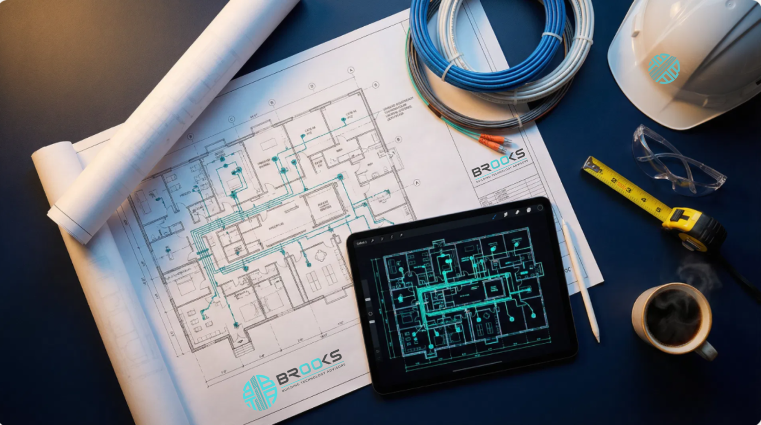 Low voltage design plans reviewed on a tablet alongside a hard hat